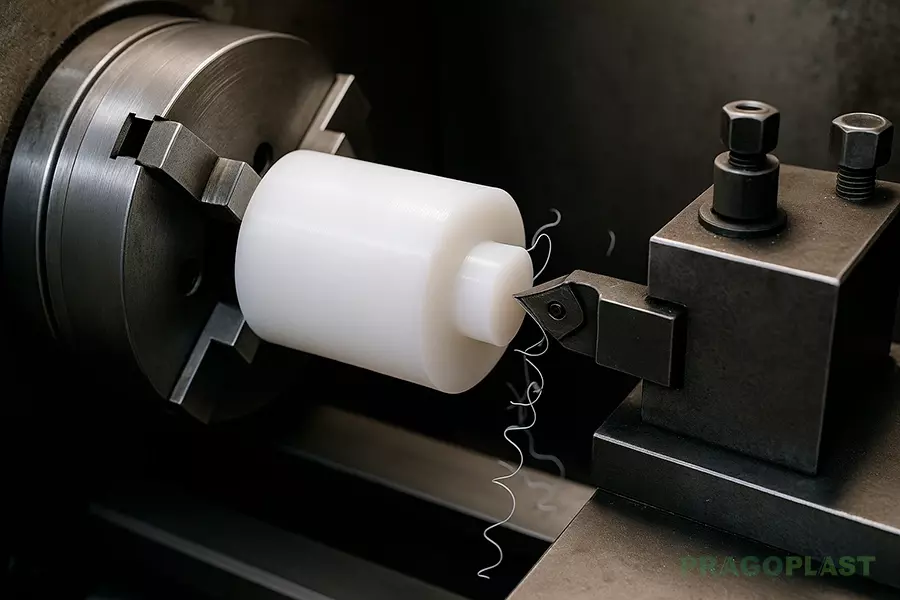 Ukázka obrobku silonu PA6 obráběného soustruhem